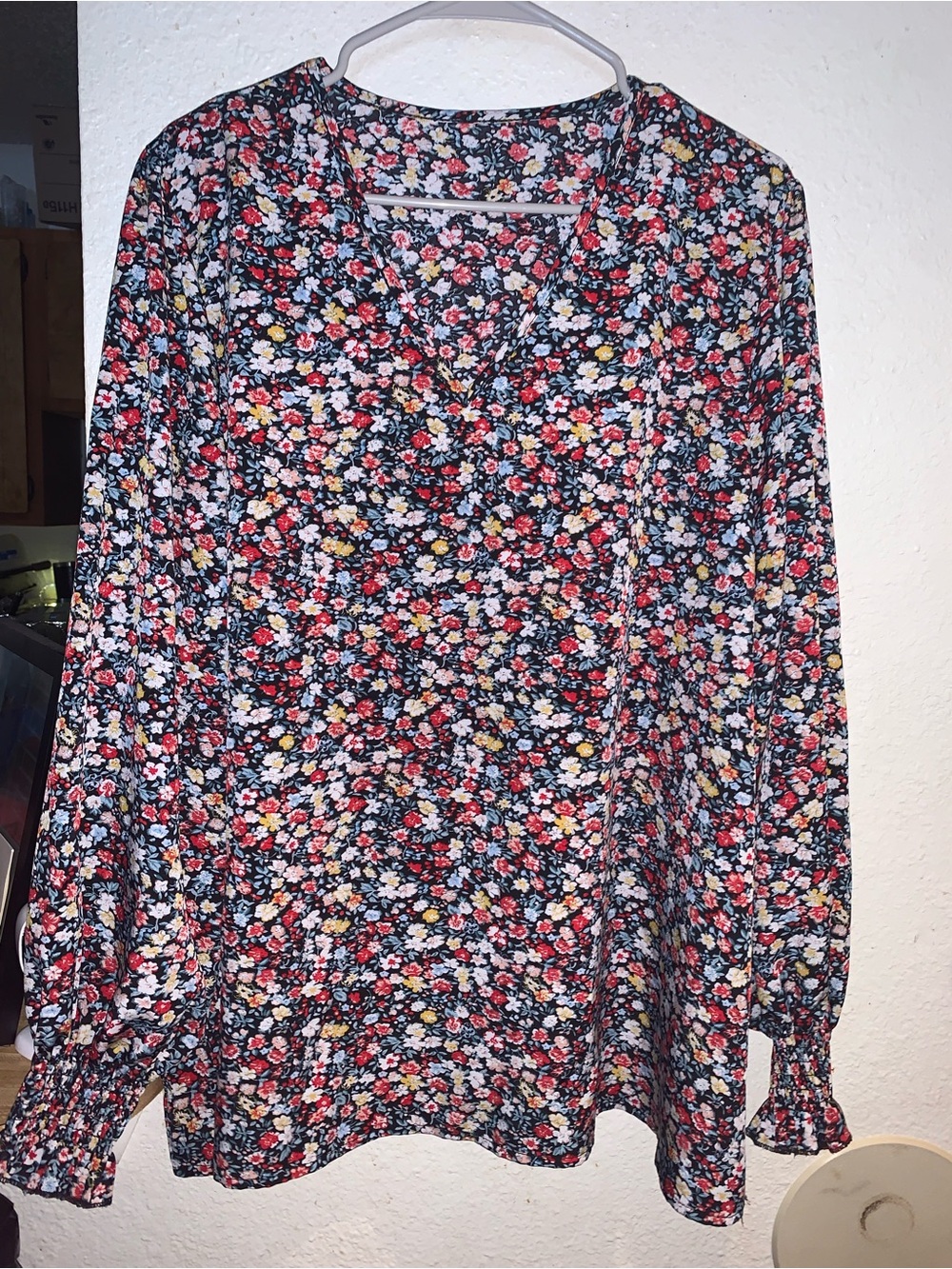 Floral Long-Sleeve V-Neck Blouse - Black Multi